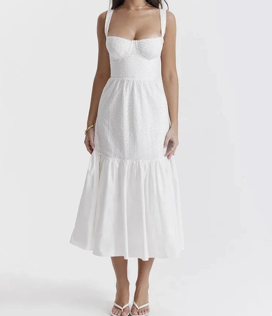 A&A Elegant White Spaghetti Strap A Line Midi Dress