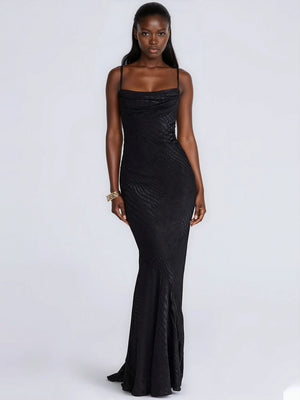 A&A Luxe Spaghetti Strap Backless Satin Maxi Dress