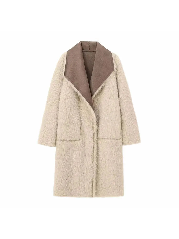 A&A Reversible Faux Fur & Suede Coat in Beige & Mocha Brown