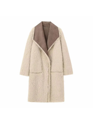 A&A Reversible Faux Fur & Suede Coat in Beige & Mocha Brown