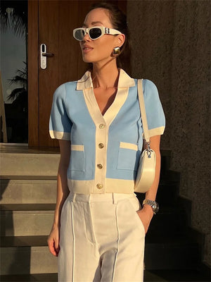 A&A Baby Blue Knitted Two Piece Cardigan & Skirt Set