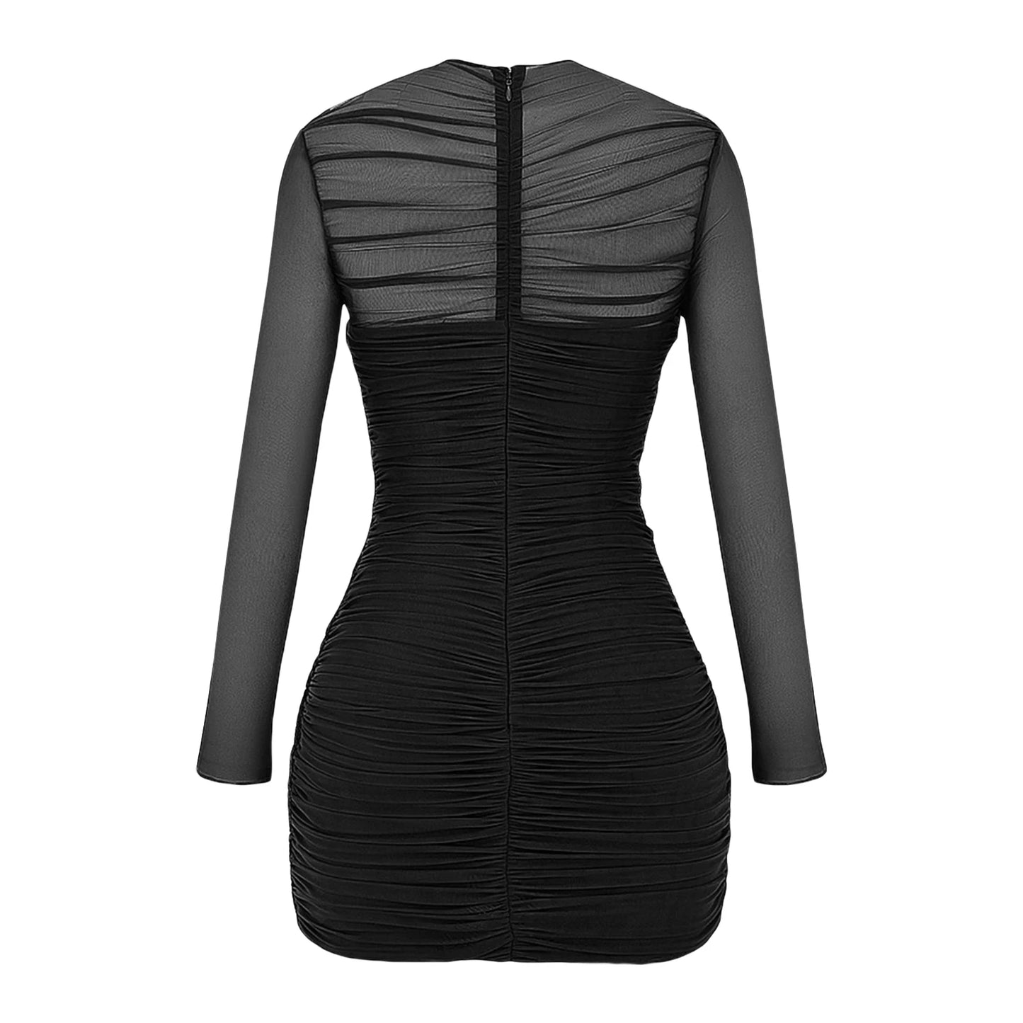 A&A Ruched Mesh Long Sleeve Wrap Front Bodycon Dress
