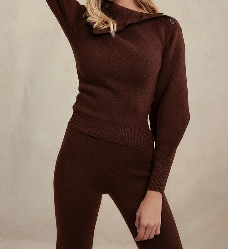 A&A Two Piece High Neck Turn Down Collar and Flared Pants Knit Set