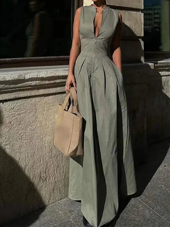 A&A Solid Sleeveless Half Zip A-line Maxi Dress