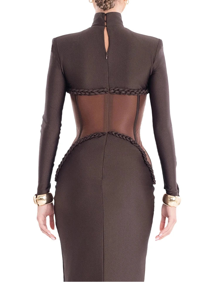 A&A Luxe Turtleneck Mesh Brown Long Sleeve Maxi Dress