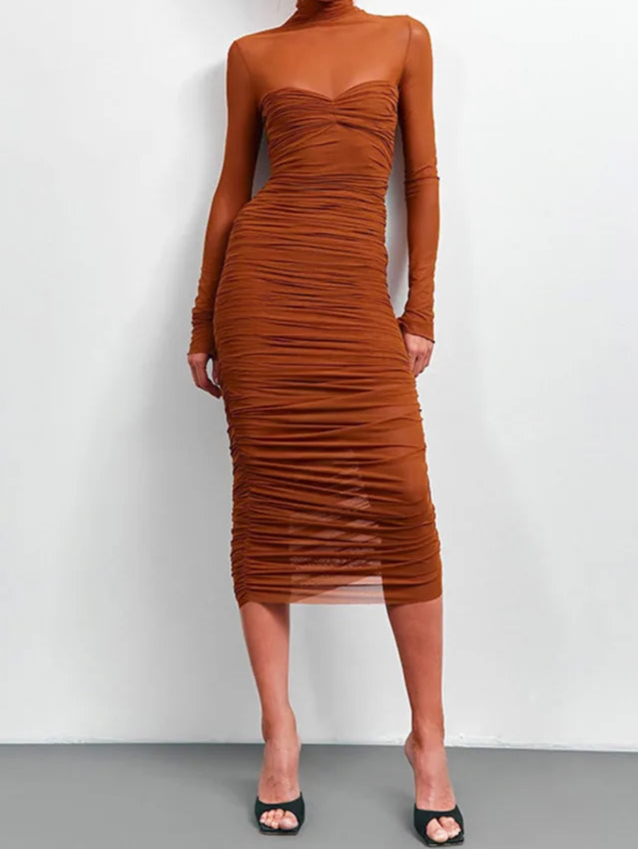 A&A Ruched Burnt Orange Mesh Midi Dress