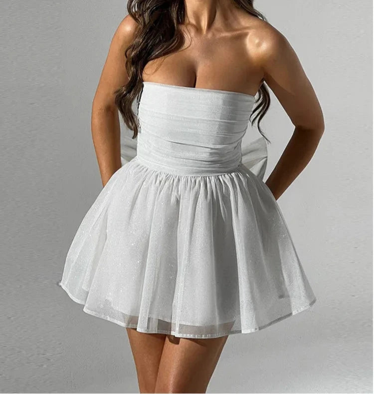 A&A Strapless Bow Tie Sparkle Double Layered Mini Dress