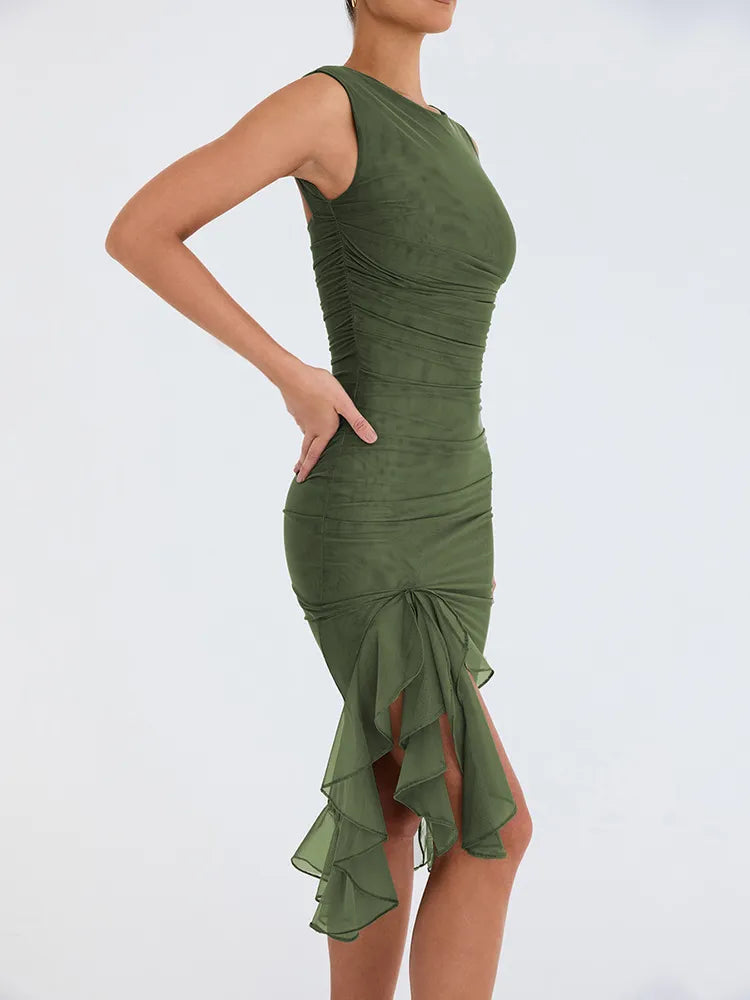 A&A Elegant Ruffle Ruched Midi Split Dress