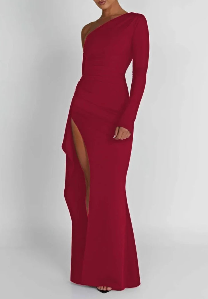 A&A Luxe Oblique Shoulder Thigh High Split Maxi Dress