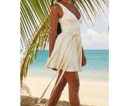 A&A White Satin Summer V Neck A Line Mini Dress