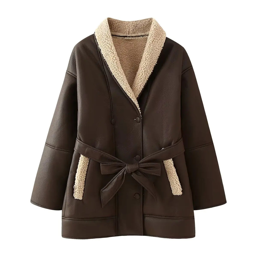 A&A Faux Leather Belted Shearling Coat