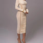 A&A One Shoulder Mesh Long Sleeve Ruched Midi Dress