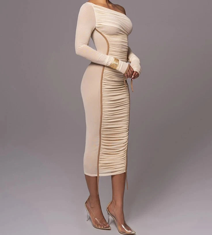 A&A One Shoulder Mesh Long Sleeve Ruched Midi Dress