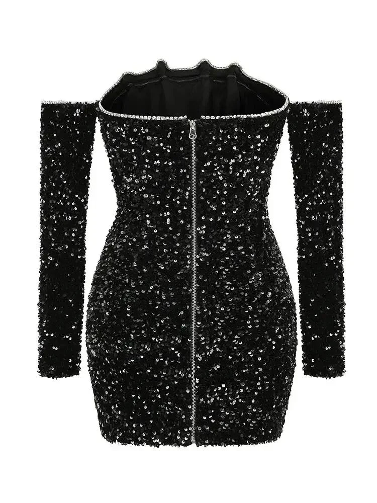A&A Luxe Black Sexy Long Sleeve Sequin Off Shoulder Mini Dress