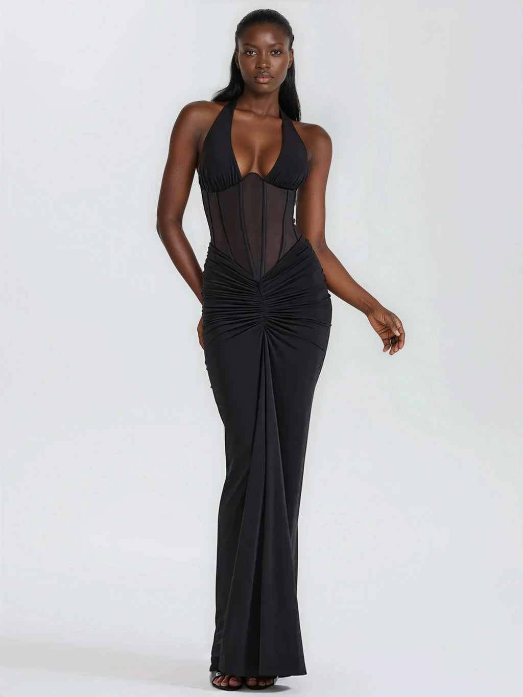A&A Luxe Halter Corset Maxi Dress – Black & White Evening Gown