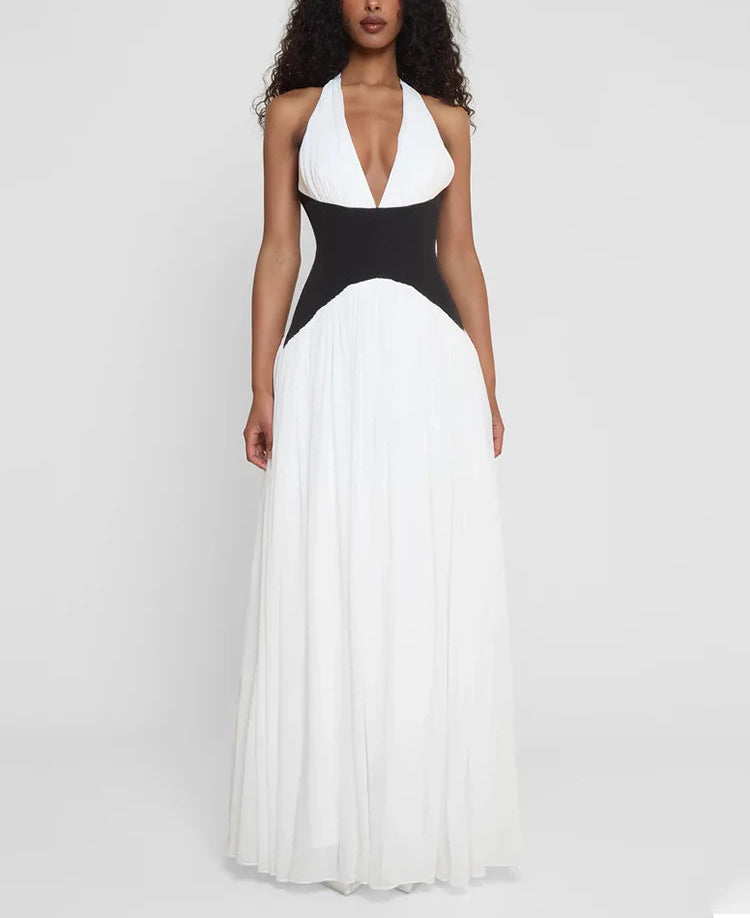 A&A Halter Deep V Neck Backless Soft Pleat Maxi Dress