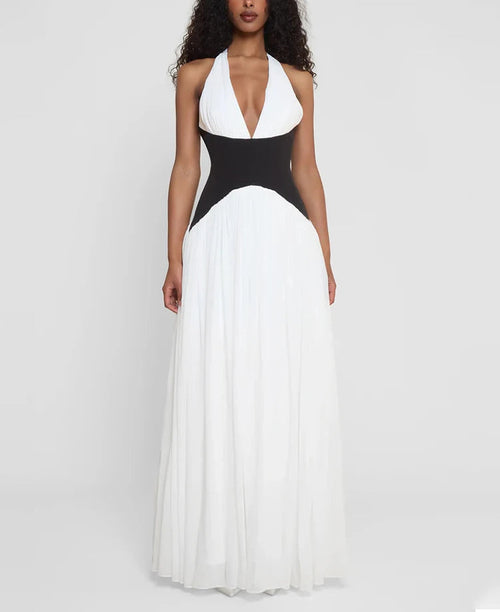 A&A Halter Deep V Neck Backless Soft Pleat Maxi Dress