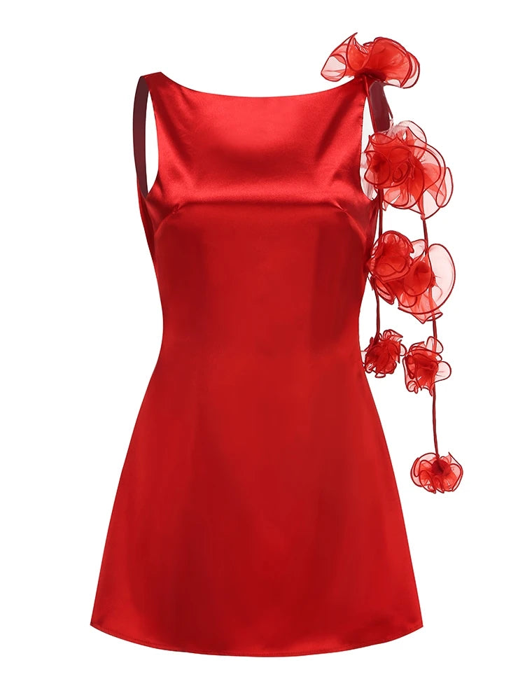 A&A Satin Sleeveless Flower Draped Mini Dress