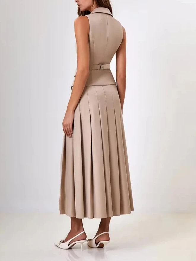 A&A Notched Elegant Collar Vest And Pleated Maxi Skirt Set