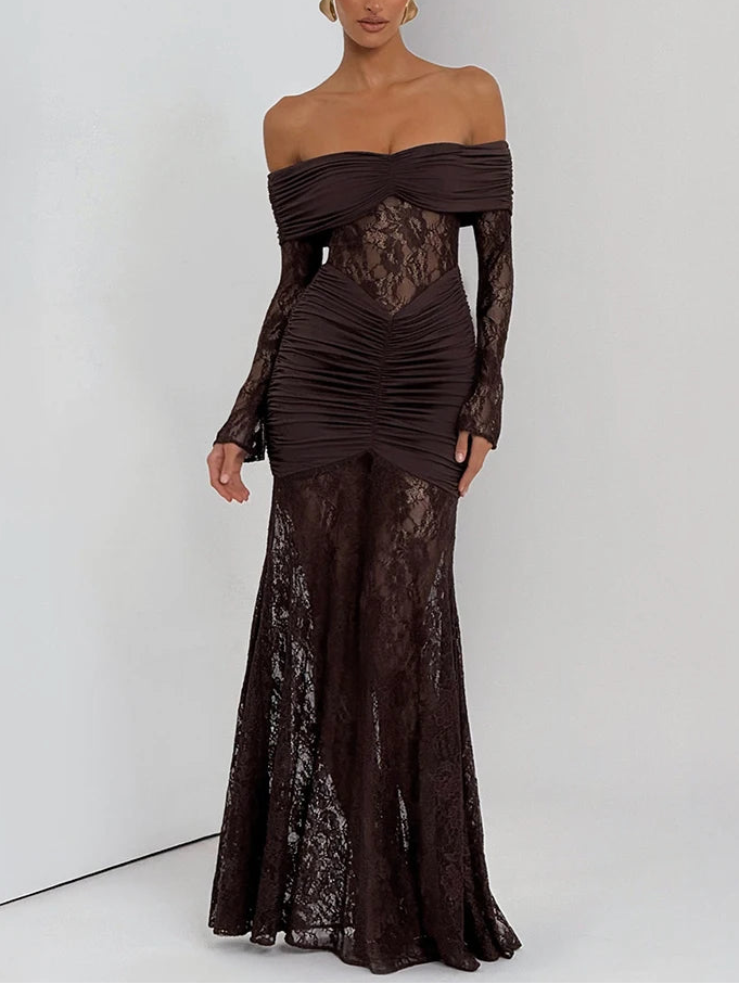A&A Luxe Off-Shoulder Sheer Long Sleeve Maxi Dress