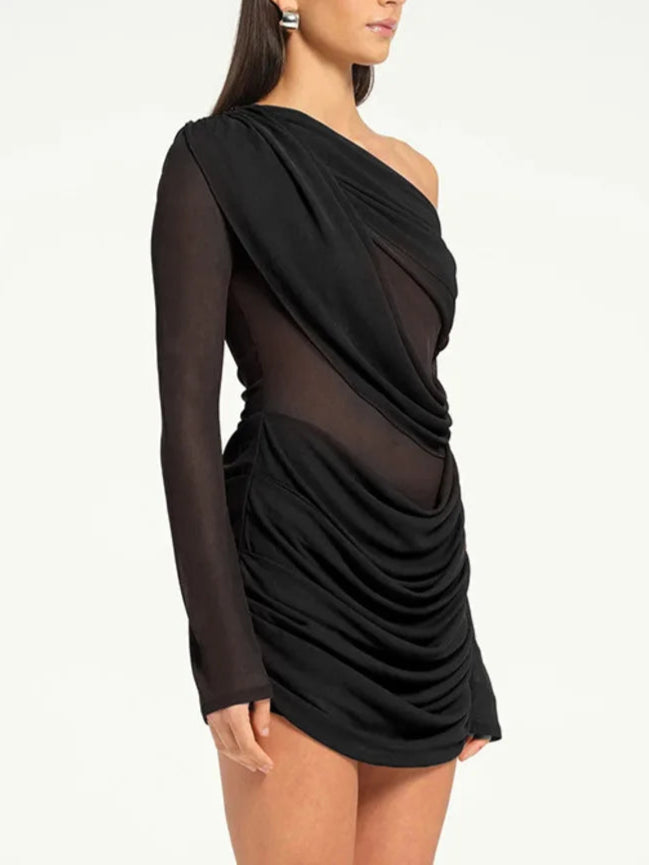 A&A One Shoulder Mesh Draped Long Sleeve Mini Dress