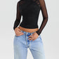 A&A Sheer Mesh V Neck Long Sleeve Top