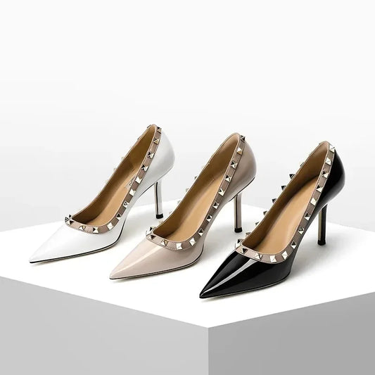 A&A New Lacquer Leather Rivet Pointed Heels