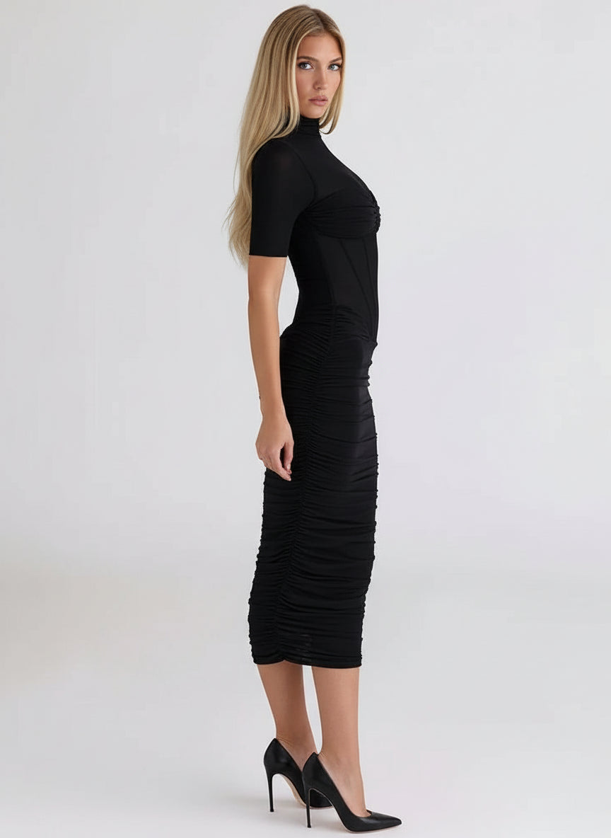 A&A Turtleneck Short Sleeve Black Sheer Midi Dress