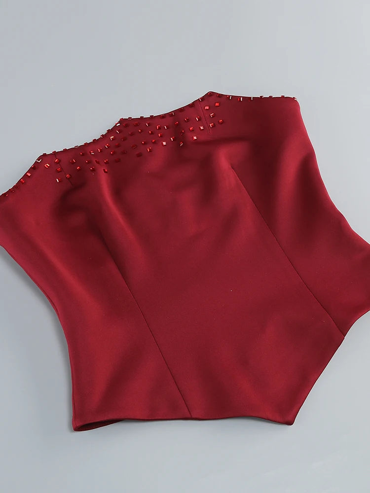 A&A Luxe Red Embellished Strapless Corset Sequin Maxi Skirt Set