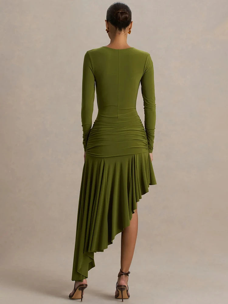 A&A Long Sleeve Asymmetric  Ruched Draped Maxi Dress