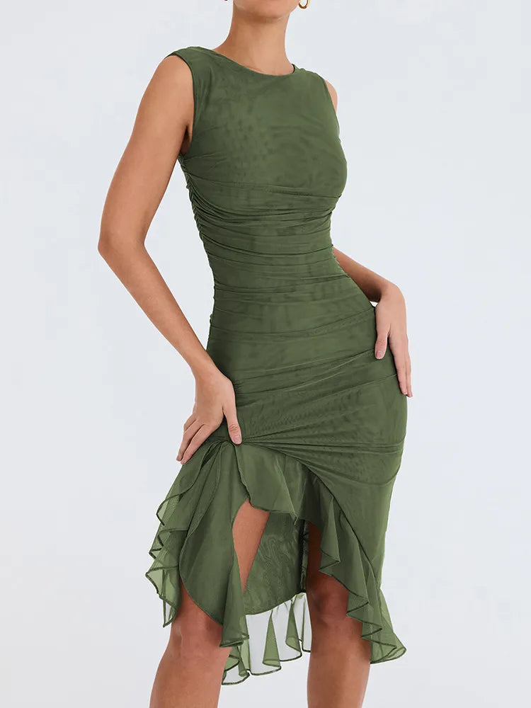 ruffle ruched midi dress Ivory Oasis Ruched Ruffle Tiered Tie Strap Midi Dress