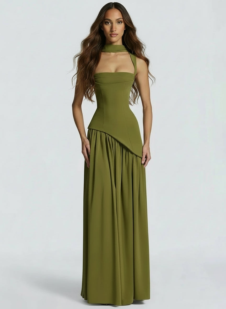 A&A Asymmetric High Slit Corset Maxi Dress