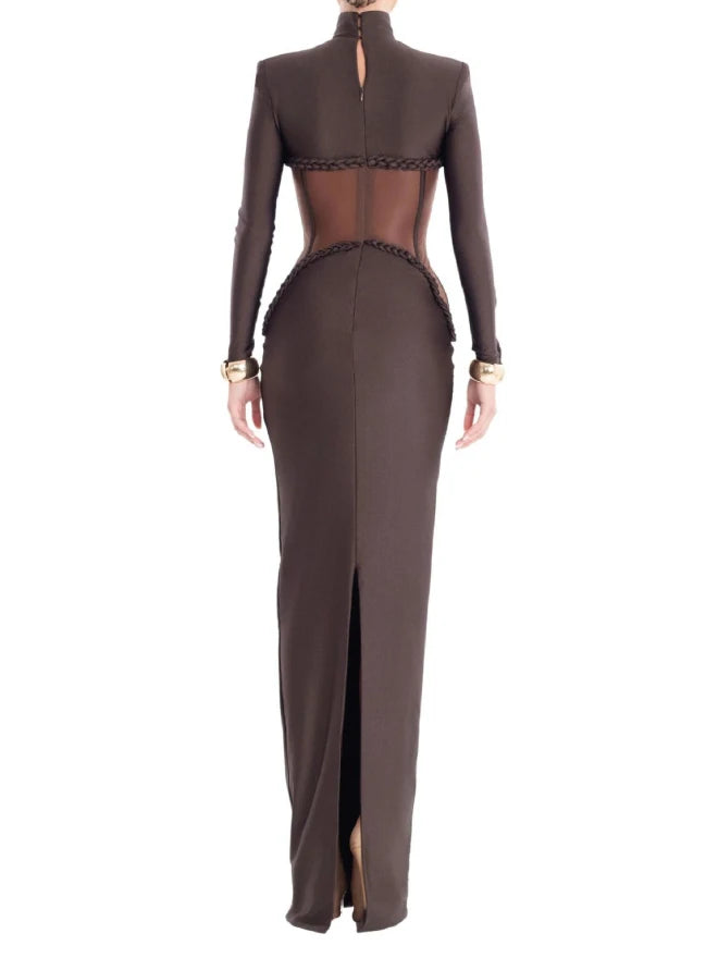 A&A Luxe Turtleneck Mesh Brown Long Sleeve Maxi Dress
