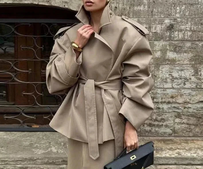 A&A Classic Beige Belted Trench Coat with Wide Lapel