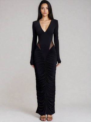 A&A Long Sleeved Ruched Slinky Bodycon Maxi Dress