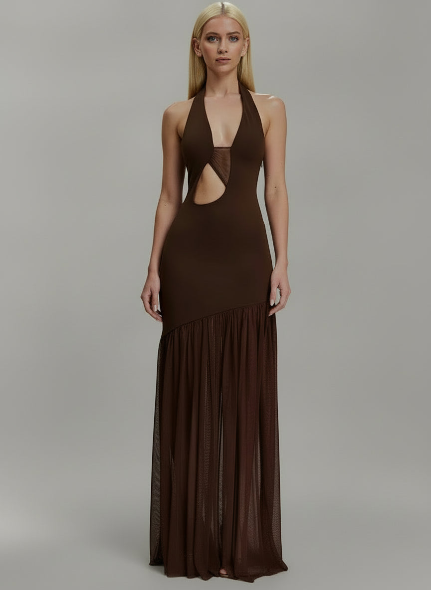 A&A Luxe Halter Neck Cut Out Mesh Maxi Dress