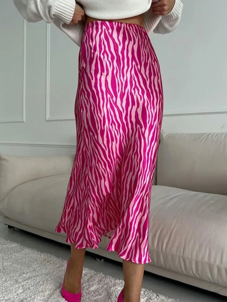 A&A Elegant Midi Satin Print High Waist Skirt