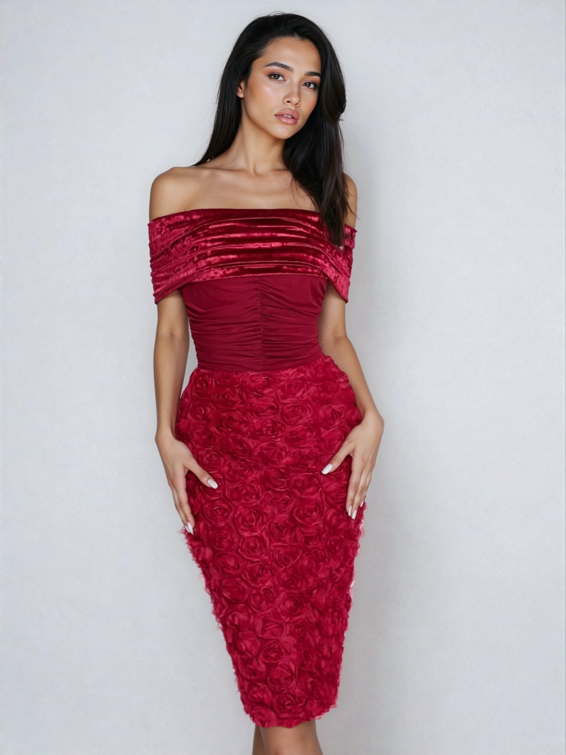 A&A Luxe Off The Shoulder Flower Mesh Midi Dress