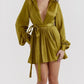 A&A Satin Pleated Olive Shirt Dress