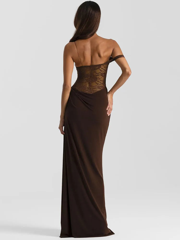 A&A One Shoulder Lace Sheer Panel Maxi Dress