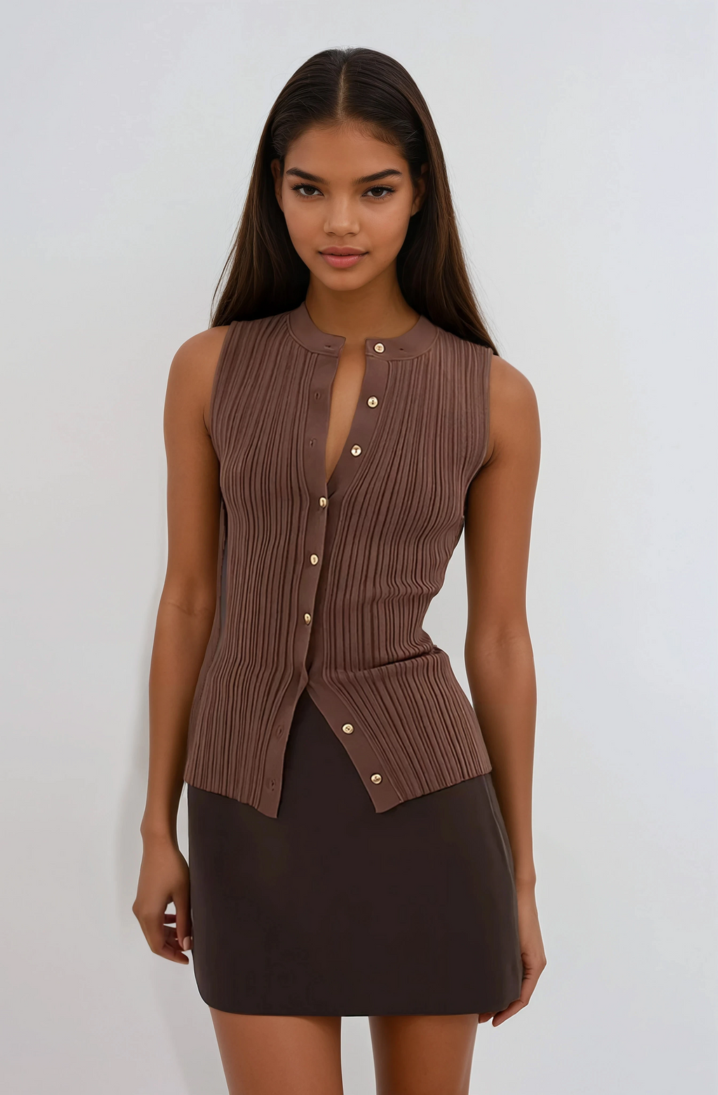 A&A Loe Sleeveless Ribbed Knit Button-Up Top