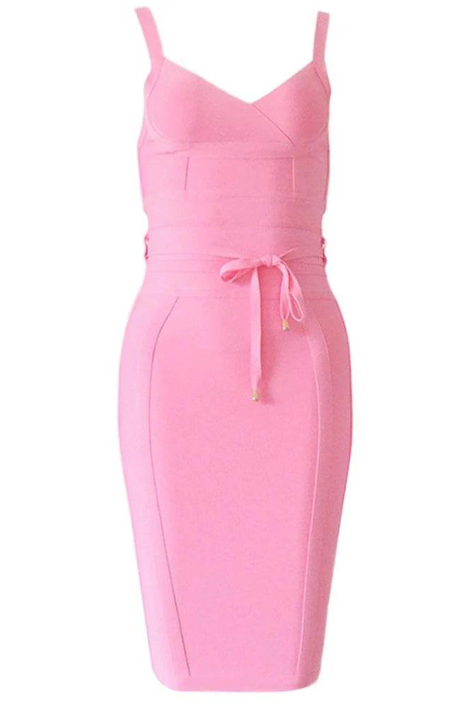 A&A Nyomi Pink Tie Waist Mini Bodycon Bandage Dress