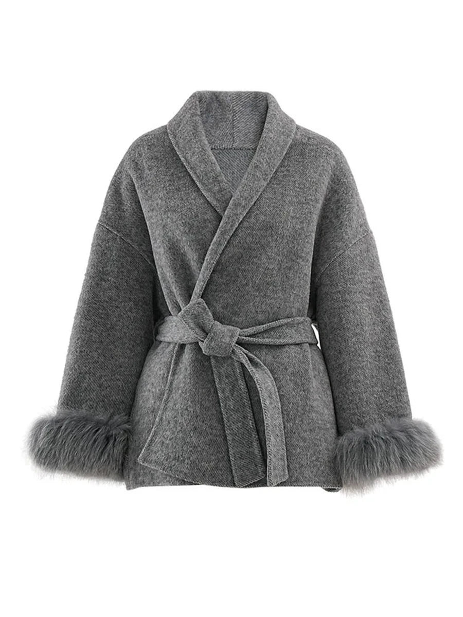 A&A 100% Wool Fur Trim Long Sleeve Coat