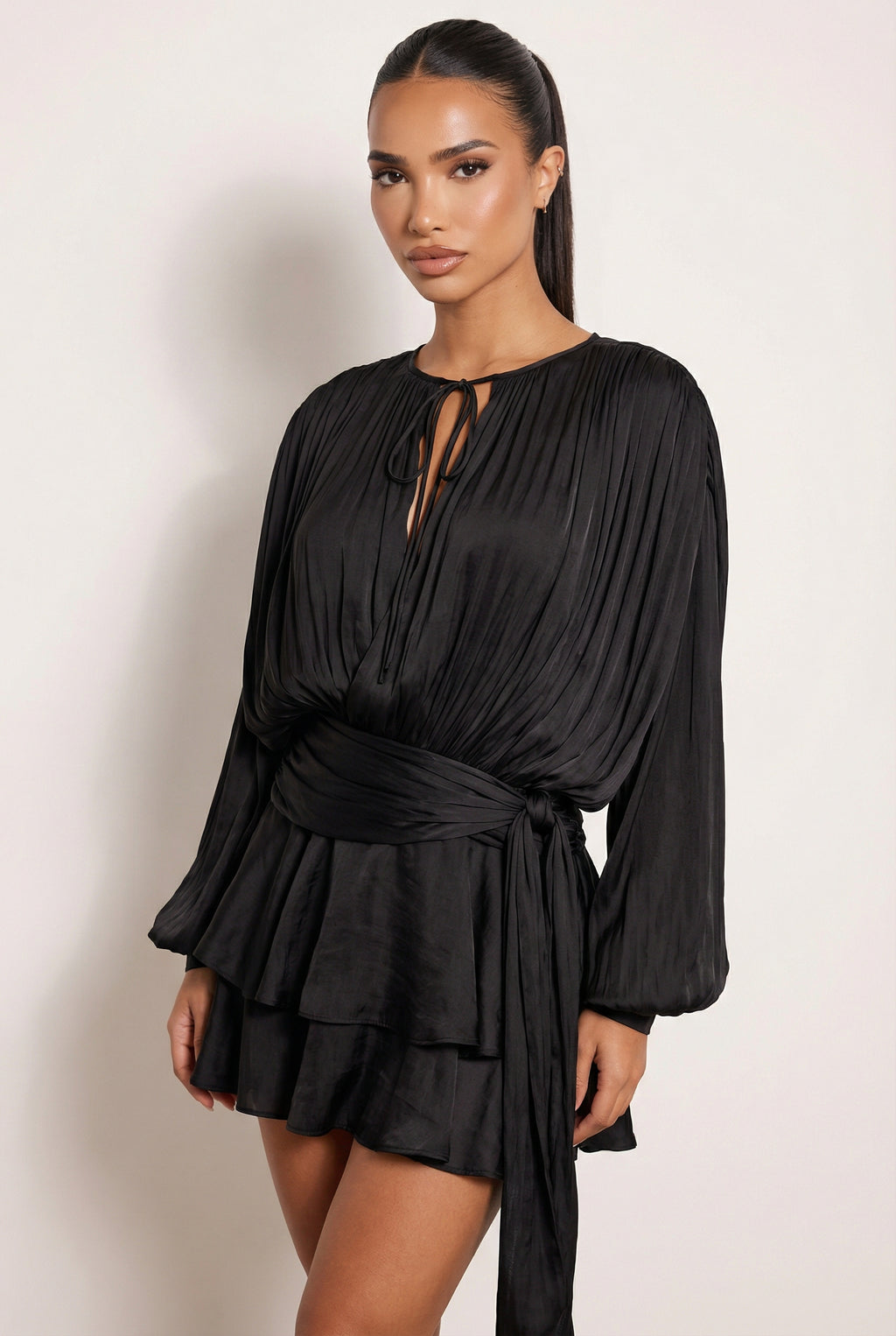 A&A Luxe Gardenia Pleated Ruffle Blouse Mini Dress