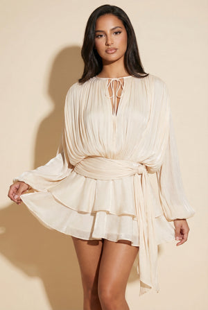 A&A Luxe Gardenia Pleated Ruffle Blouse Mini Dress