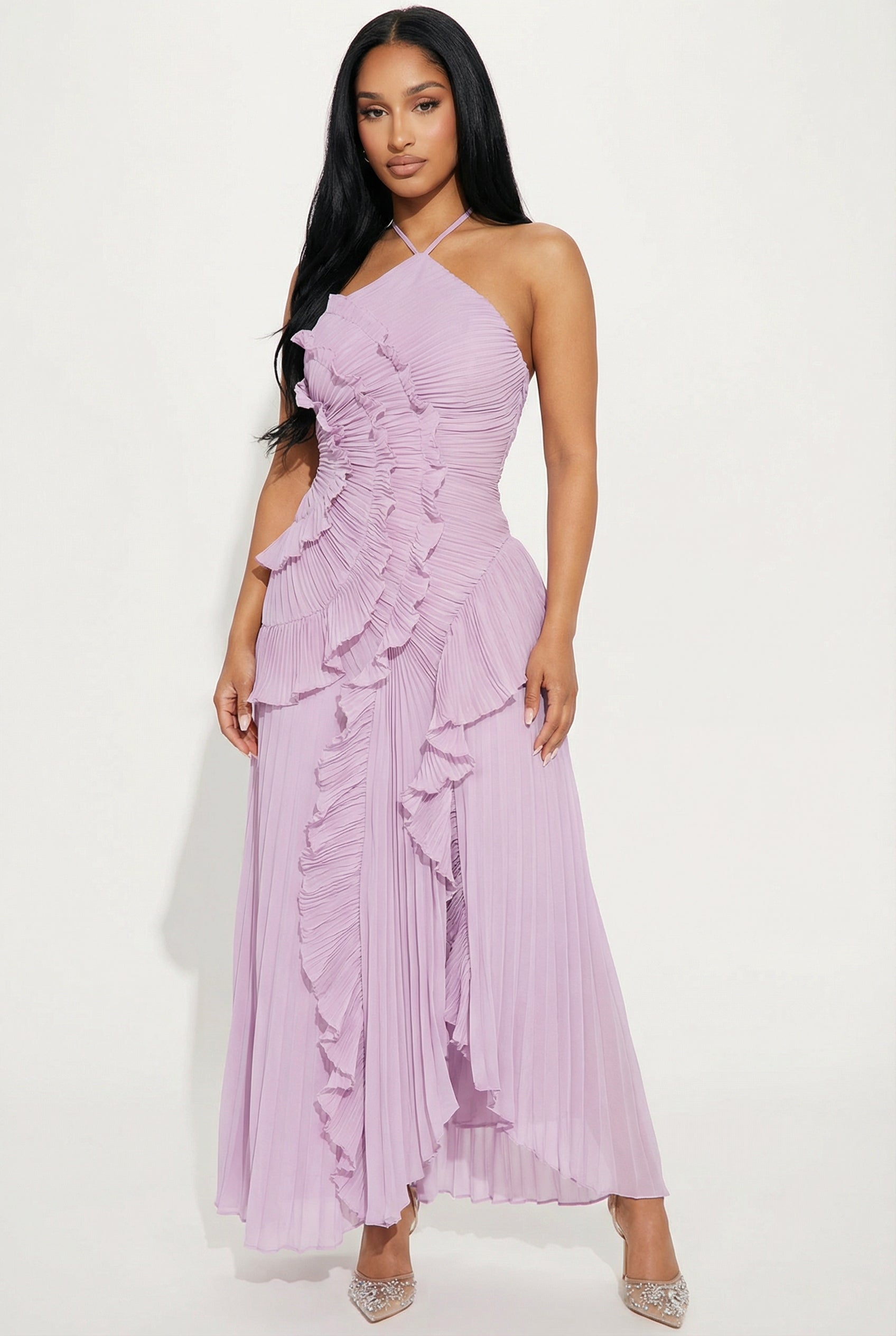 A&A Luxe Wisteria Maxi Flower Ruffled Halter Neck Dress