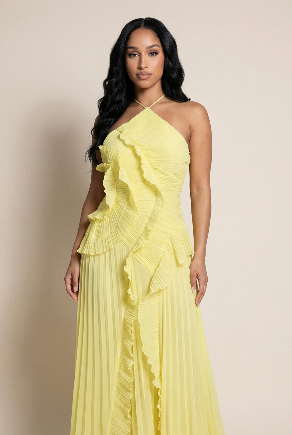 A&A Luxe Wisteria Maxi Flower Ruffled Halter Neck Dress