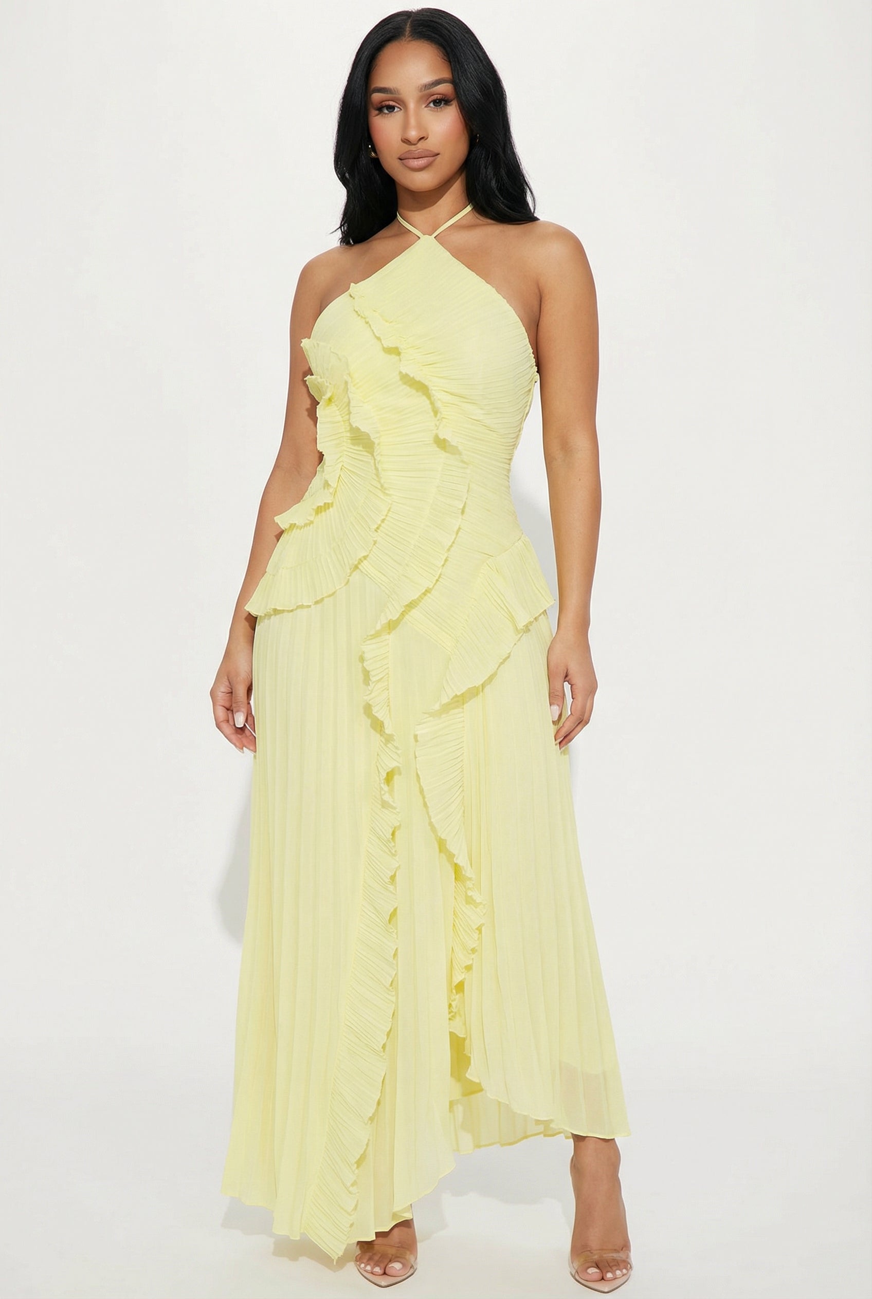 A&A Luxe Wisteria Maxi Flower Ruffled Halter Neck Dress