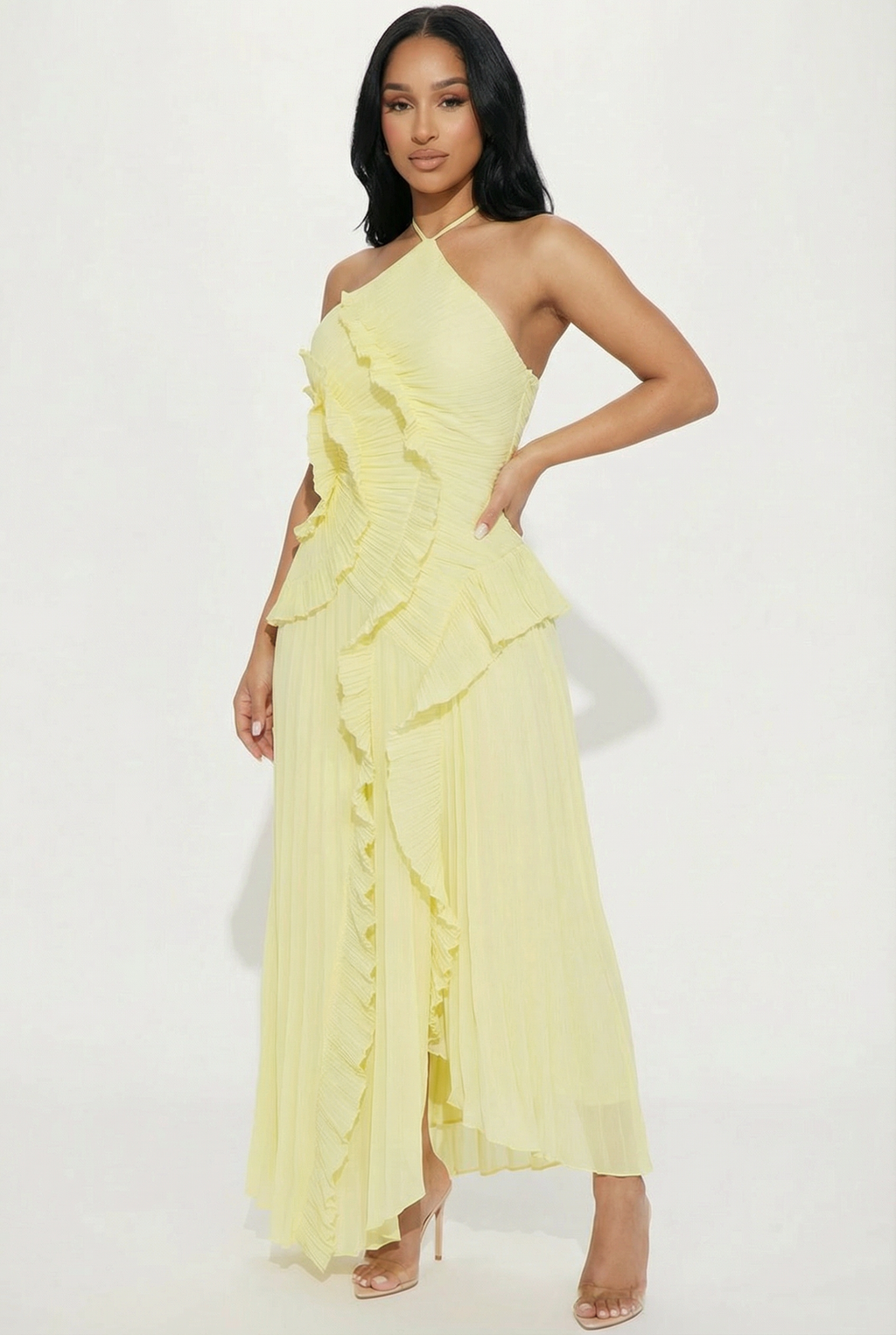 A&A Luxe Wisteria Maxi Flower Ruffled Halter Neck Dress