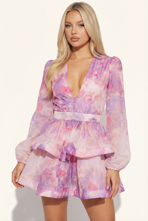 A&A Luxe Amara V Neck Lantern Sleeve Tiered Ruffles A-line Mini Dress